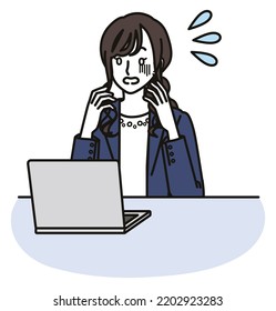 A Woman In A Business Casual Outfit 
Looking At The Computer Screen And Being Paniced