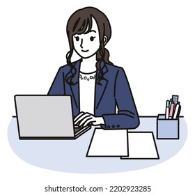 A Woman In A Business Casual Outfit Using A Computer