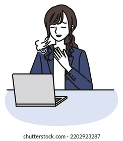 A Woman In A Business Casual Outfit Who Feels Relieved Looking At The Computer Screen