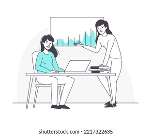 Woman Business Character Sitting at Desk with Laptop and Chart Working with Data Vector Illustration