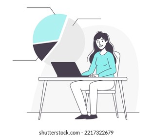 Woman Business Character Sitting at Desk with Laptop and Pie Chart Working with Data Vector Illustration