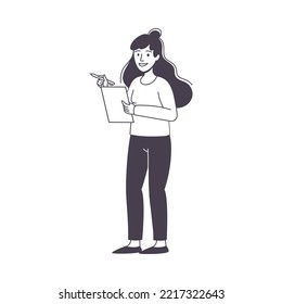 Woman Business Character Standing with Clip Board and Smiling Vector Illustration