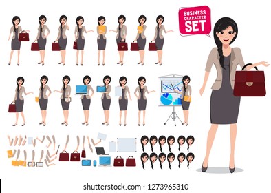 Woman business character vector set. Female office worker holding bag with various poses and hand gestures for business presentation. Vector illustration.
