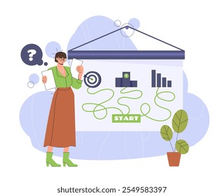 Woman with business choice. Businesswoman near various ways. Motivation and leadership, success. Dilemma and problem. Flat vector illustration isolated on white background