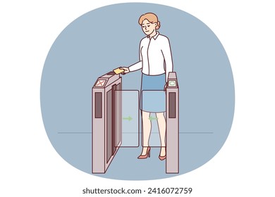 Woman in business clothes is applying pass to go through turnstile at entrance to office. Businesslady holds magnetic card giving access to office space with workplace. Flat vector image