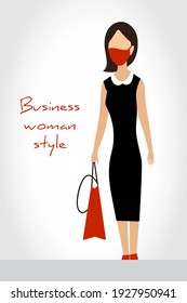 Woman in business clothes with bag and wearing face mask. Flat concept to prevent virus COVID-19.