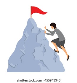 Woman in business clothes climbs to the mountain top. Reaching the goal concept, vector illustration.