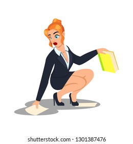 Woman in Business Clothes, Employee of the Company. Vector Illustration in Cartoon Style. Businesswoman Holds a Folder with Files. Sat Down to Raise a Sheet