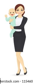 Woman in business clothes holding newborn baby vector illustration