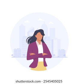 Woman in business concept. Female character in suit standing with crossed arms on the city background. Flat vector illustration