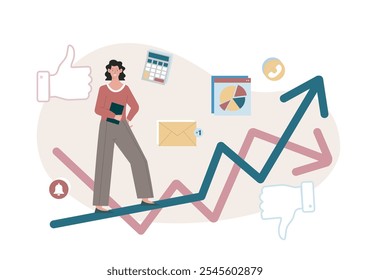 Woman with business growth. Young girl stands on growing arrow. Economics and financial literacy. Trader and investor with graph and chart. Flat vector illustration isolated on white background