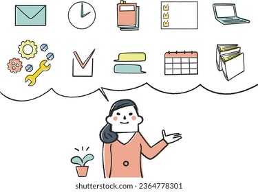 Woman business person guiding on how to manage tasks in an orderly and spacious manner Set Illustration
