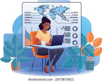 Woman business person student on laptop remote home working writing analysing website internet document infographic stats. Cartoon data analysis, financial stock market trading report finance concept.