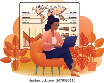 Woman business person student on laptop remote home working writing analysing website internet document infographic stats. Cartoon data analysis, financial stock market trading report finance concept.