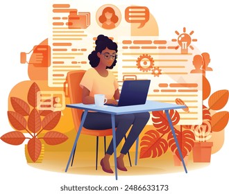 Woman business person student on laptop remote home working writing analysing website internet document infographic stats. Cartoon data analysis, financial stock market trading report finance concept.