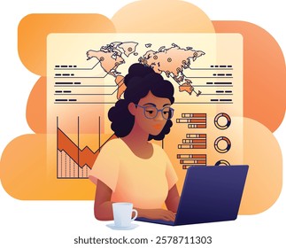 Woman business person student on laptop remote home working writing analysing website internet document infographic stats. Cartoon data analysis, financial stock market trading report finance concept.