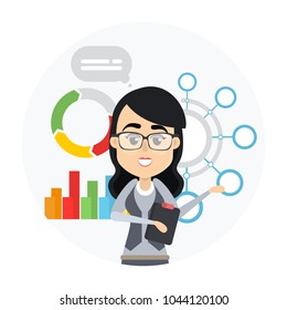Woman with business presentation showing data and graph.