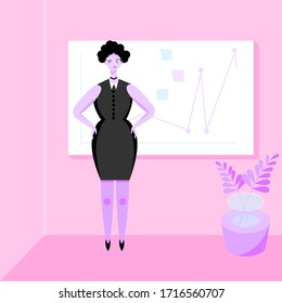 Woman at the business presentation in a trendy office. Hands on hips and serious expression on the face. Can be used for business presentations or to show a teacher with board. 