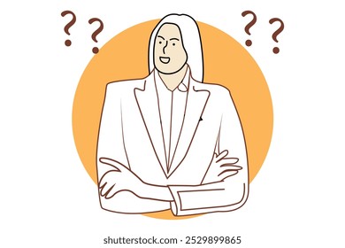 woman business questions, Problem solving concept, Woman thinking, Question mark and light bulb icon, woman questions, Young girl in casual clothes surrounded by a question mark.