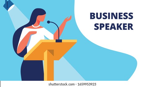Woman Business Speaker on Podium Reads Report. Presentation to Audience. Business Training for Women. Vector Illustration. Standing in front Audience. Woman Business Clothes in Conference Hall.