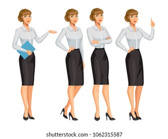 Woman in business style. Elegant blond girl in different poses. Consultant or secretary, standing and gesturing. Stock vector, eps 10