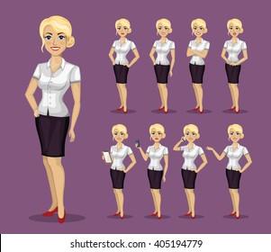 woman in business style. set of poses and emotions