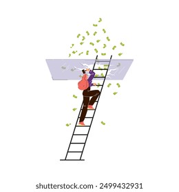 A woman in a business suit breaks through a glass barrier with a hammer. This vector illustration symbolizes ambition, career progress and equality in society