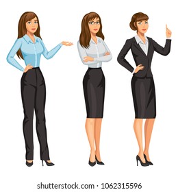 Woman in business suit with glasses. Elegant brunette girl in different poses. Consultant or secretary, standing and gesturing. Stock vector, eps 10