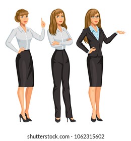 Woman in business suit with glasses. Elegant blond girl in different poses. Consultant or secretary, standing and gesturing. Stock vector, eps 10