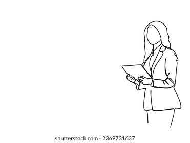 Woman in a business suit with papers in her hands. One line drawing vector illustration.