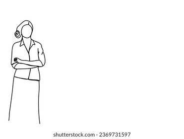 Woman in a business suit with a pointer in her hands stands near the blackboard. One line drawing vector illustration.