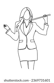 Woman in a business suit with a pointer in her hands stands near the blackboard. One line drawing vector illustration.