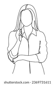 Woman in a business suit with a pointer in her hands stands near the blackboard. One line drawing vector illustration.