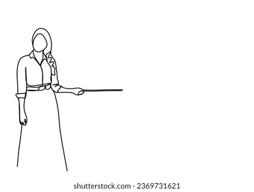Woman in a business suit with a pointer in her hands stands near the blackboard. One line drawing vector illustration.