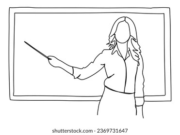 Woman in a business suit with a pointer in her hands stands near the blackboard. One line drawing vector illustration.