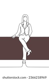 woman in a business suit sat down on the table with her legs crossed, her hand resting on the tabletop - one line art vector. concept . concept confident beautiful businesswoman vertical illustration