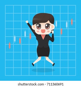 Woman in a business suit showing a graph of successful finance or company growth