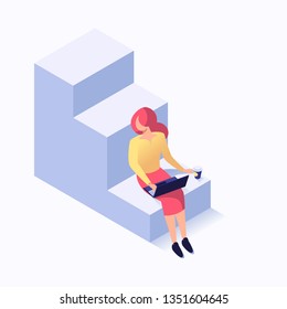 Woman in business suit sitting on the srairs isometric illustration vector isolated on white background
