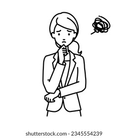 a woman in business suit style having trouble standing with her finger on her chin