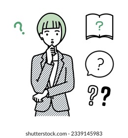 a woman in business suit style holding a question standing with her finger on her chin question mark set