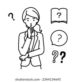 a woman in business suit style holding a question standing with her finger on her chin question mark set