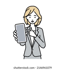 a woman in business suit style recommending, proposing, showing and pointing smart phone mock-up screen with a smile