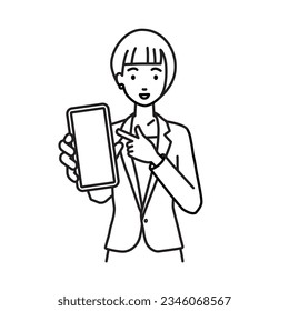 a woman in business suit style recommending, proposing, showing and pointing smart phone mock-up screen with a smile