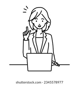 a woman in business suit style using laptop computer getting ideas with pointing hand gesture at her desk