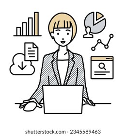 a woman in business suit style using laptop computer for browsing web sites, researching, sharing files on cloud, analyzing, and making report at her desk
