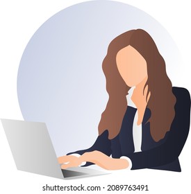 A woman in a business suit is typing on a laptop. Vector illustration in a flat style. business woman