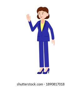 A woman in a business suit.Vector image of a woman for animation. Editable strokes. Business lady greets with her hand. Business lady in a blue suit on a white background.
