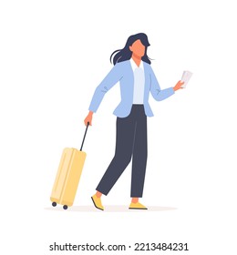 Una mujer en viaje de negocios con un equipaje. Caracter femenino camina con una maleta y boletos en las manos. concepto de viaje de negocios. Ilustración vectorial plana