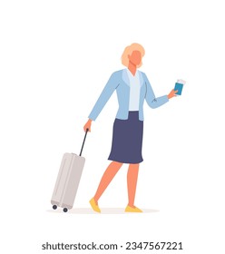 Una mujer en viaje de negocios con un equipaje. Caracter femenino camina con una maleta y boletos en las manos. concepto de viaje de negocios. Ilustración vectorial plana