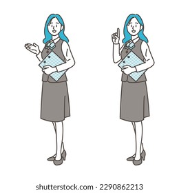 Mujer con uniforme de empresa que muestra, presenta y propone [Ilustración vectorial del cuerpo completo]